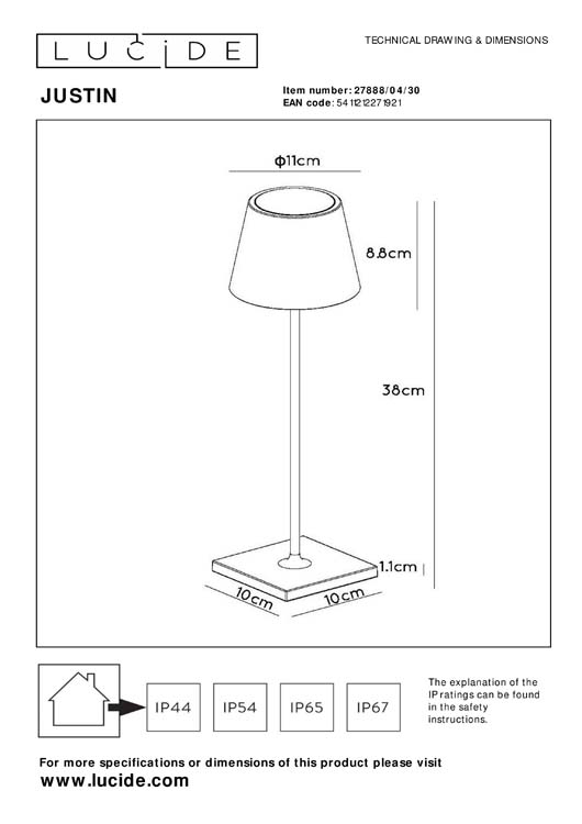 JUSTIN - Oplaadbare Tafellamp Buiten - Accu/Batterij - Ø 11 cm - LED Dimb. - 1x2,2W 3000K - IP54 - 3 StepDim - Zwart