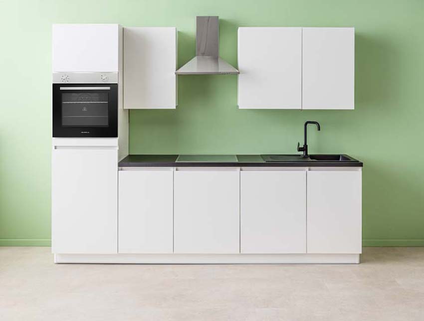 Cuisine Plenti blanche 280cm - avec appareils - plaque de cuisson vitrocéramique et hotte murale en inox