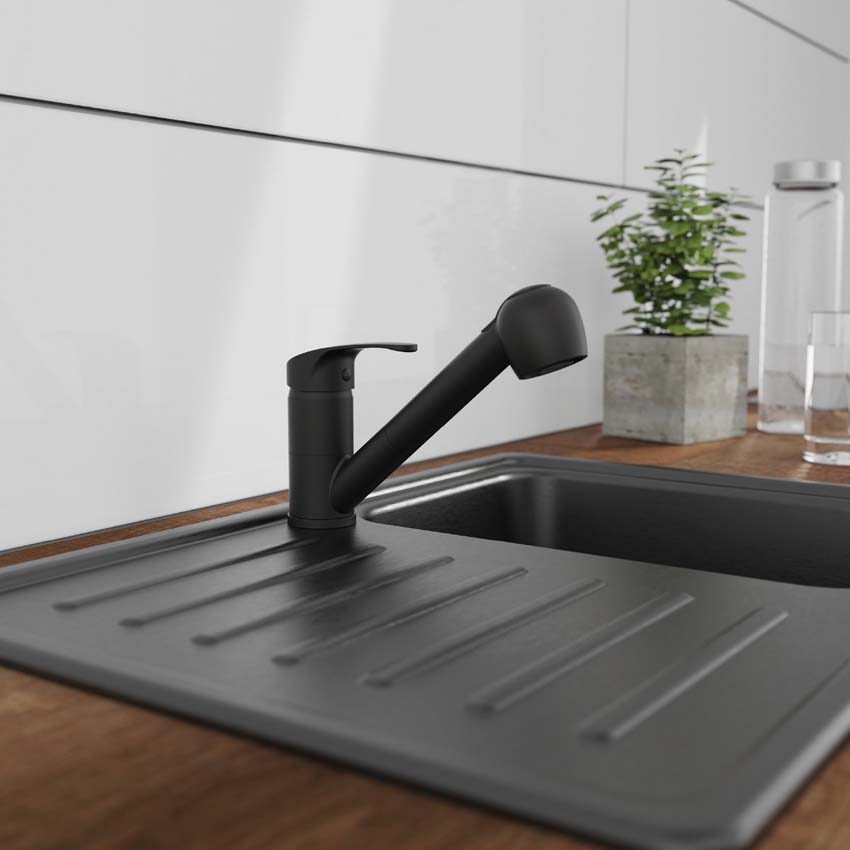 Keukenkraan Diana mat zwart met uittrekbare uitloop