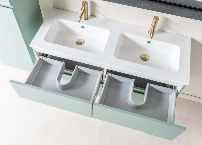Meuble de salle de bains Truman vert gris suspendu avec lavabo double blanc brillant 120cm