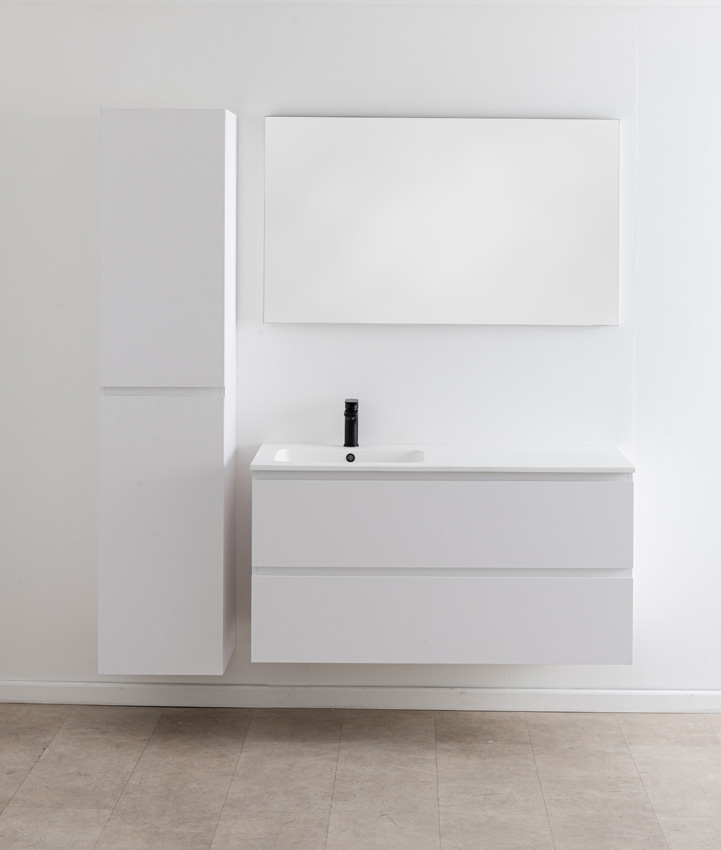 Badkamermeubel Bianca mat wit hangend met enkele wastafel mat wit 120,5cm