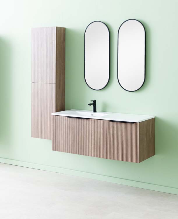 Meuble de salle de bains Nolan noyer suspendu avec lavabo simple à gauche blanc brillant 120cm