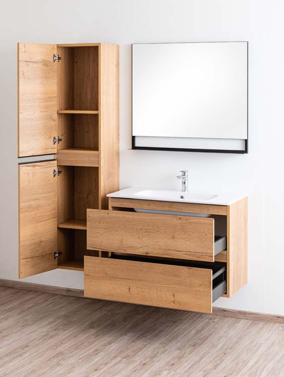 Badkamermeubel Daria eik goudbruin hangend met enkele wastafel glanzend wit 90cm