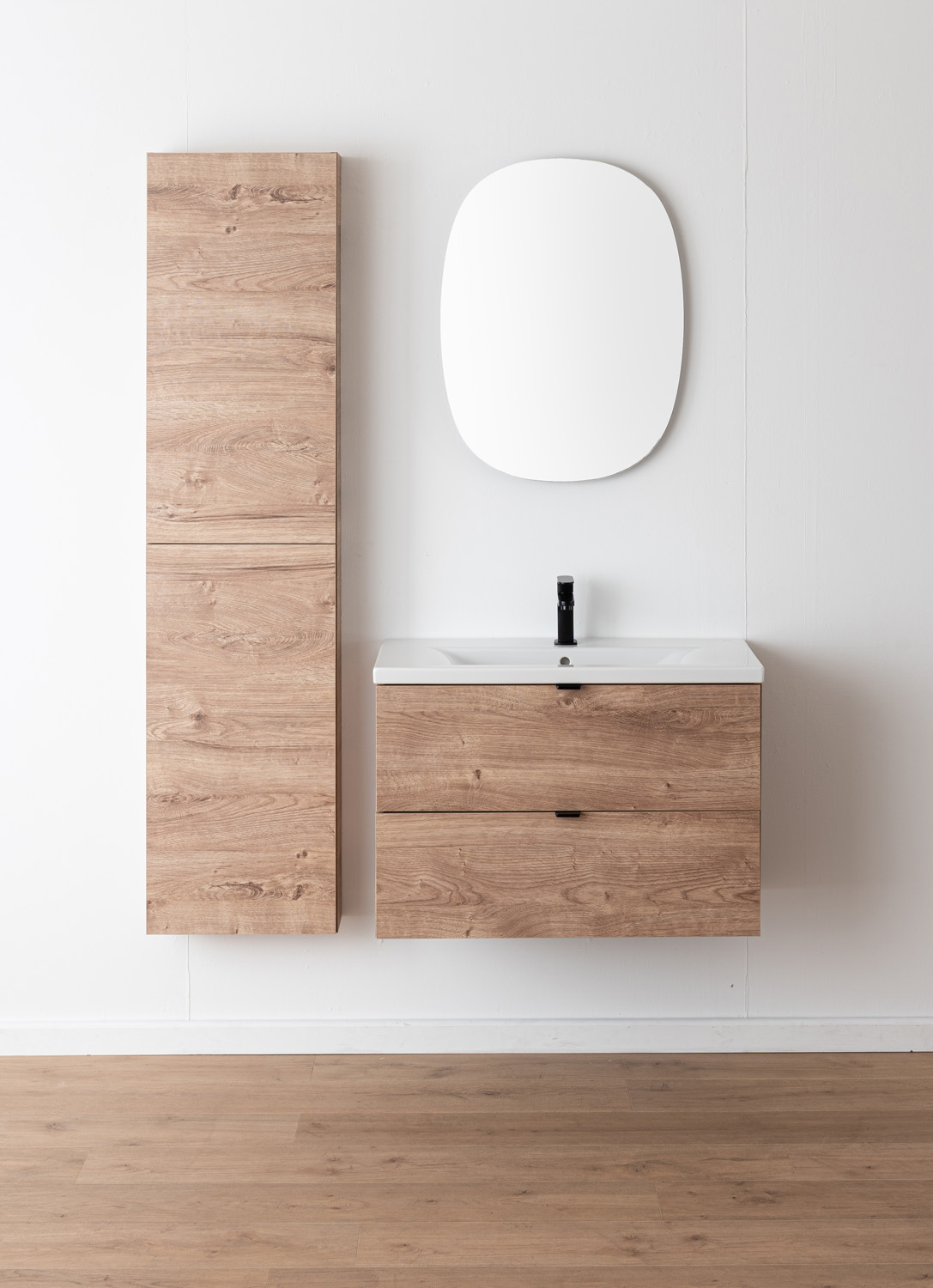 Badkamermeubel Raf honingeik hangend met enkele wastafel glanzend wit 80cm