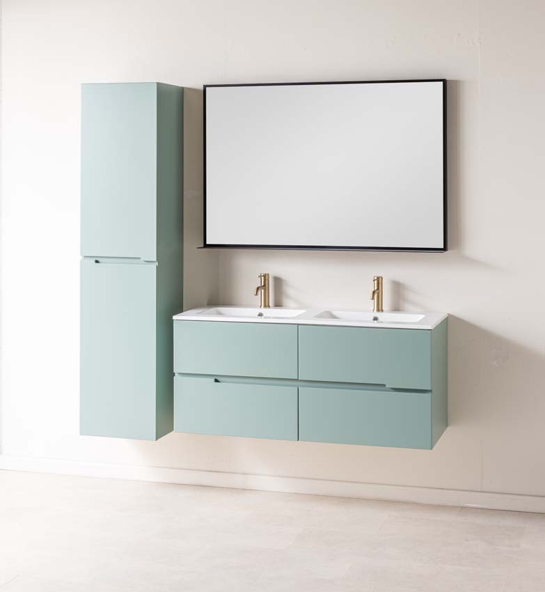 Meuble de salle de bains Truman vert gris suspendu avec lavabo double blanc brillant 120cm