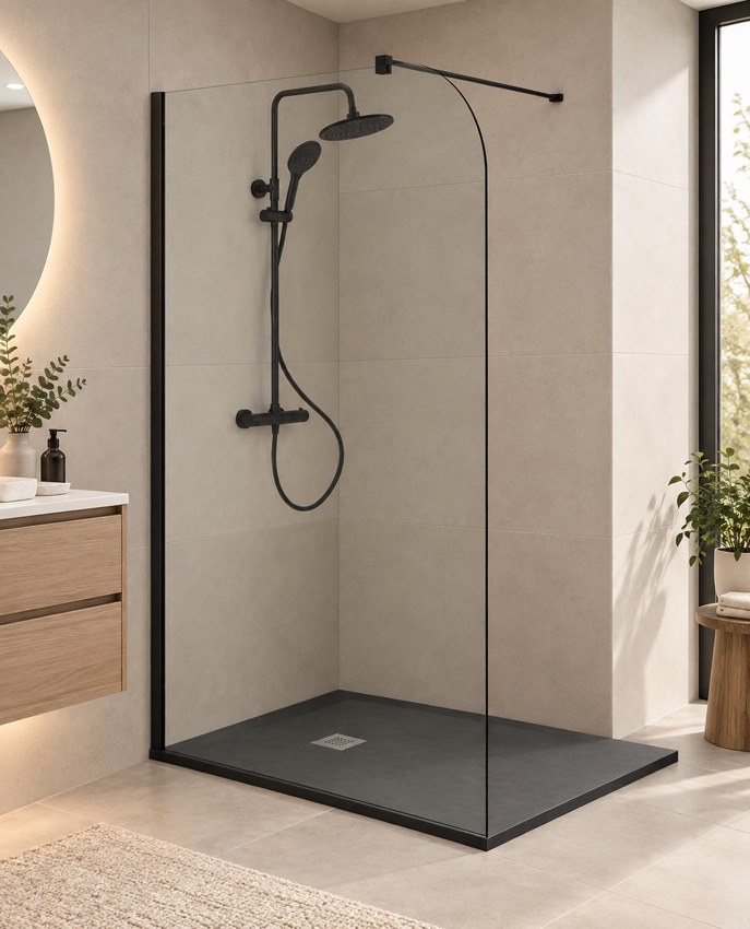 Paroi de douche à l'italienne Avery arrondie verre clair avec kit de profilés noir 87x200cm