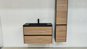 Badkamermeubel Molly eik hangend met dubbele wastafel mat zwart 120cm Badkamermeubel Molly eik hangend met dubbele wastafel mat zwart 120cm