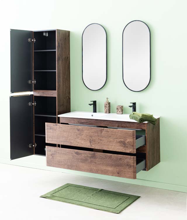 Meuble de salle de bains Jelte noyer suspendu avec lavabo double blanc mat 120cm Meuble de salle de bains Jelte noyer suspendu avec lavabo double blanc mat 120cm