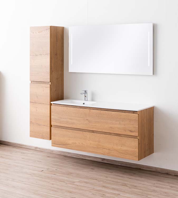 Meuble de salle de bains Daria chêne brun doré suspendu avec lavabo simple à gauche blanc brillant 140cm