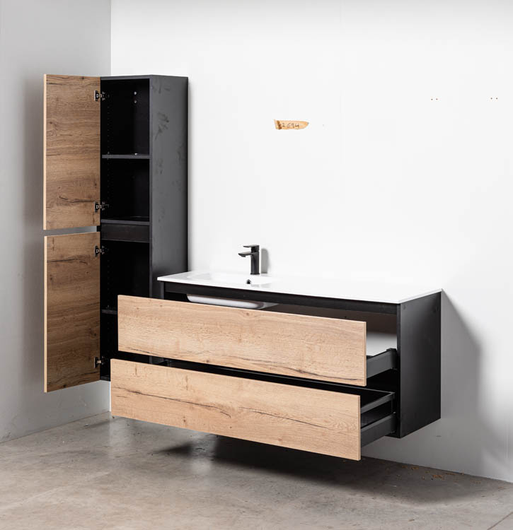 Meuble de salle de bains Dotan chêne suspendu avec lavabo simple à gauche blanc brillant 140cm