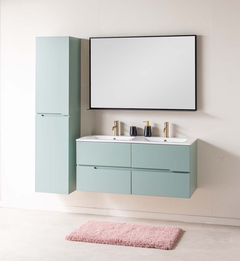 Meuble de salle de bains Truman vert gris suspendu avec lavabo double blanc brillant 120cm