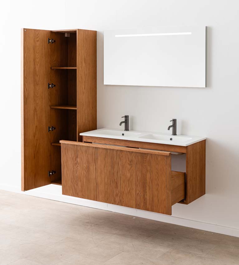 Meuble de salle de bain Fae chêne suspendu avec double lavabo blanc mat 120cm