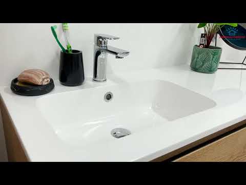 Badkamermeubel Daria eik goudbruin hangend met enkele wastafel glanzend wit links 120cm