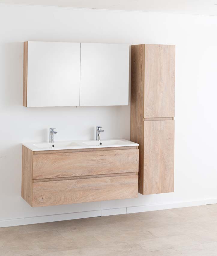 Meuble de salle de bain Tibo en chêne méditerranéen avec double lavabo blanc brillant 120cm