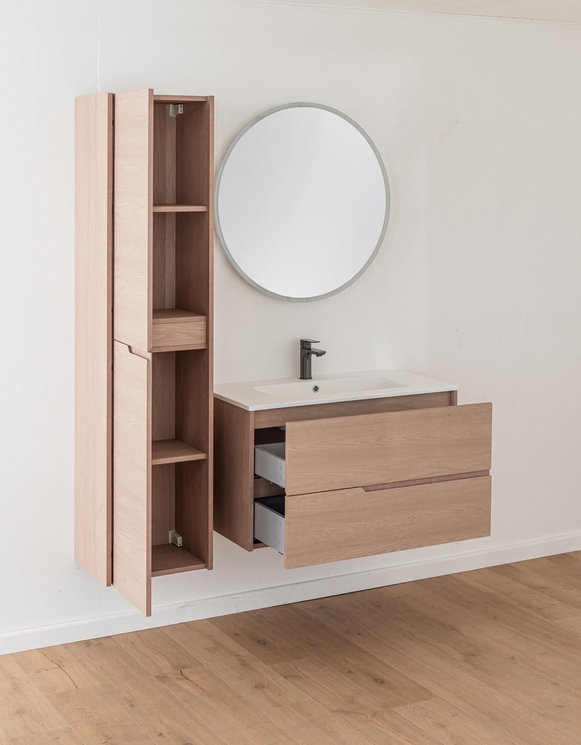 Meuble de salle de bains Tiago chêne Nordic suspendu avec vasque simple blanc brillant 90cm