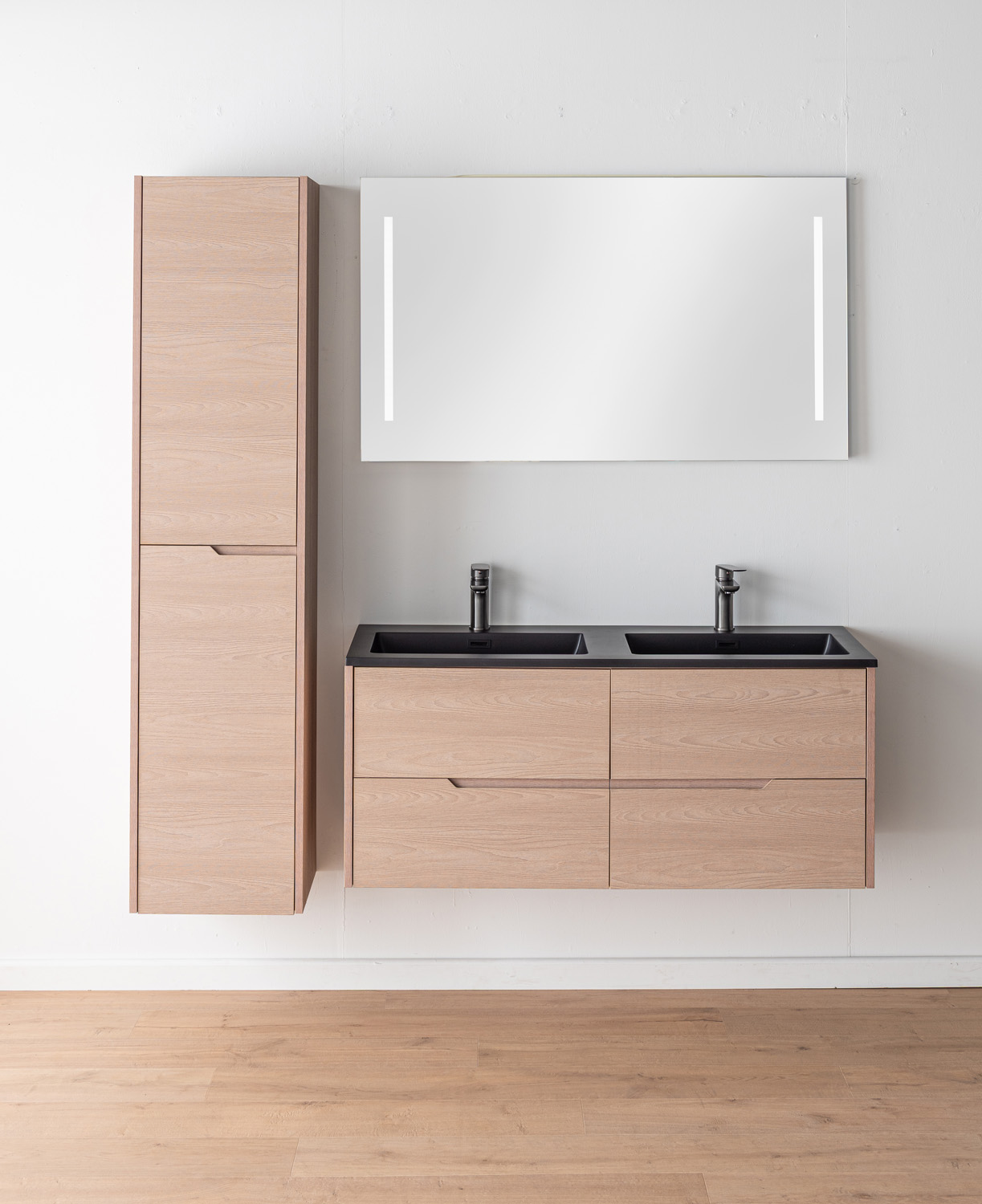 Meuble de salle de bains Tarik chêne Nordic suspendu avec double vasque noir mat 120cm
