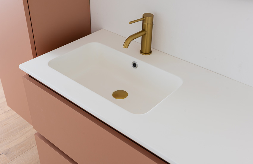 Meuble de salle de bains Dotan abricot suspendu avec lavabo simple gauche blanc mat 120cm