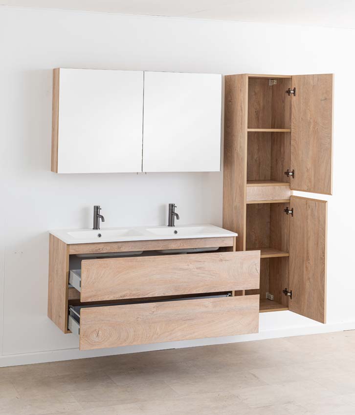 Meuble de salle de bain Tibo en chêne méditerranéen avec double lavabo blanc mat 120cm