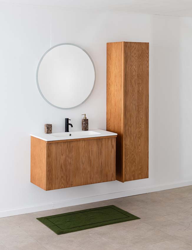 Badkamermeubel Fae eik hangend met enkele wastafel mat wit 90cm