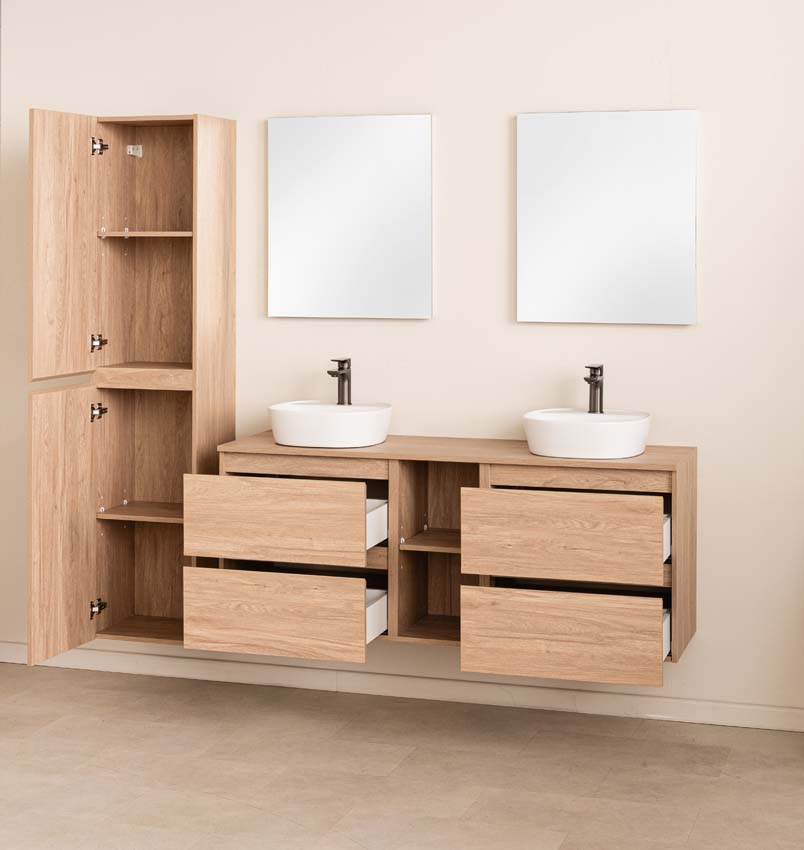 Badkamermeubel Bella eiklook 1500 mm dubbele wastafel wit met kraangat