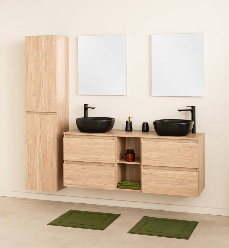 Meuble de salle de bain Bella aspect chêne 1500 mm lavabo double noir mat Meuble de salle de bain Bella aspect chêne 1500 mm lavabo double noir mat