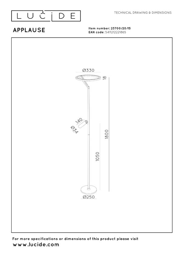 Lucide Premium Applause - Lampadaire - Ø33cm - LED dimmable - CCT - 2700K/4000K - Fer gris