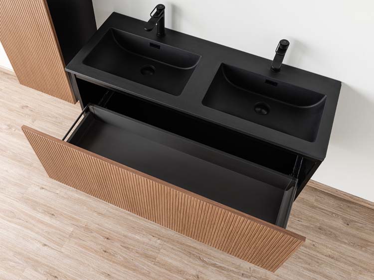 Meuble de salle de bains Dorian noyer suspendu avec lavabo double noir mat 120cm