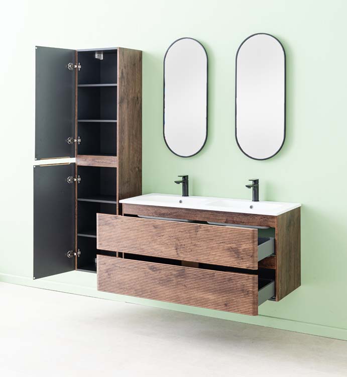 Meuble de salle de bains Jelte noyer suspendu avec lavabo double blanc brillant 120cm