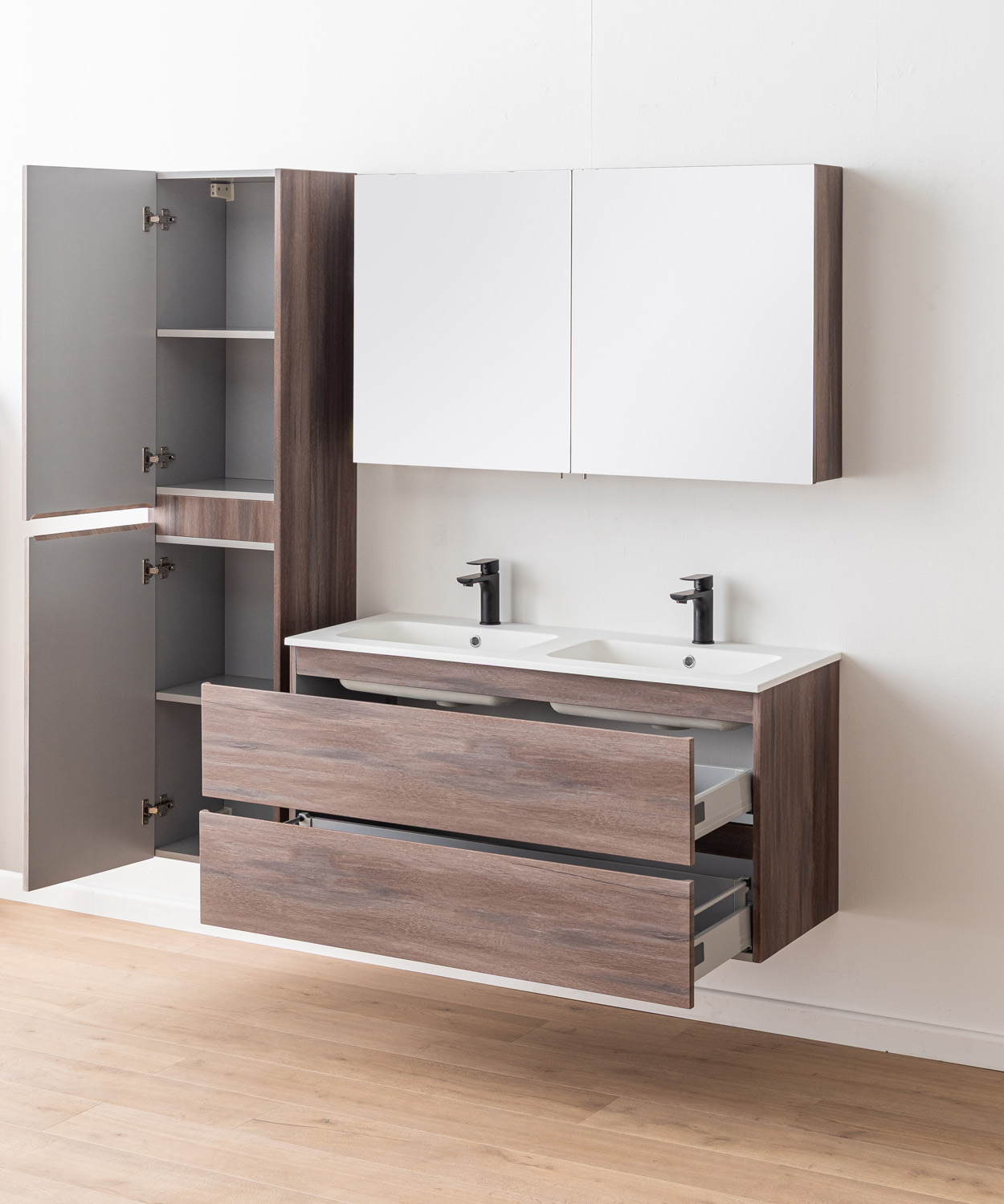 Meuble de salle de bains Tarik chêne ambré suspendu avec double vasque blanc mat 120cm