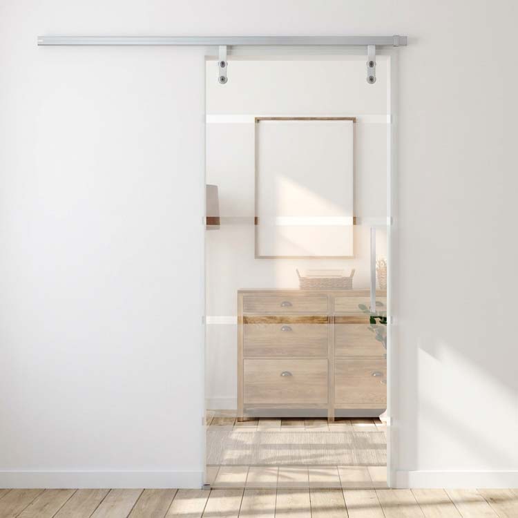 Complete glazen schuifdeur Skyline Dusk mat + 4 lijnen helder 83x215cm inox vierkante trekker + rail aluminium