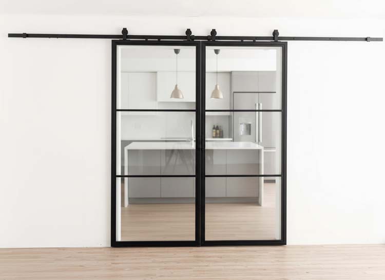 Porte coulissante double en acier complète Tyra 2x 3R sur mesure