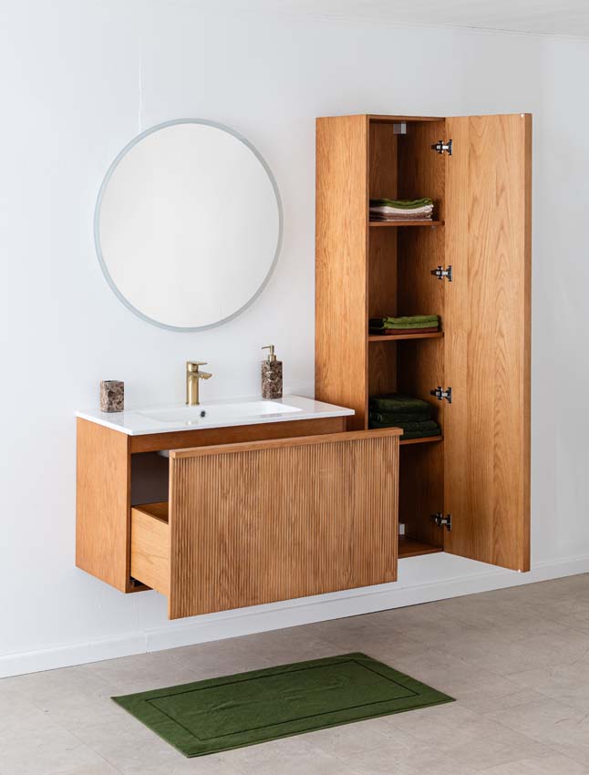 Badkamermeubel Fae eik hangend met enkele wastafel glanzend wit 90cm