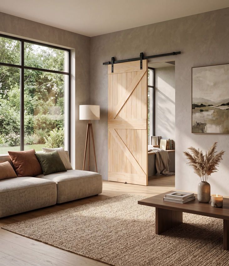 Complete enkele schuifdeur Barn Tristan 93x211,5cm + rail robust zwart + geleider muur