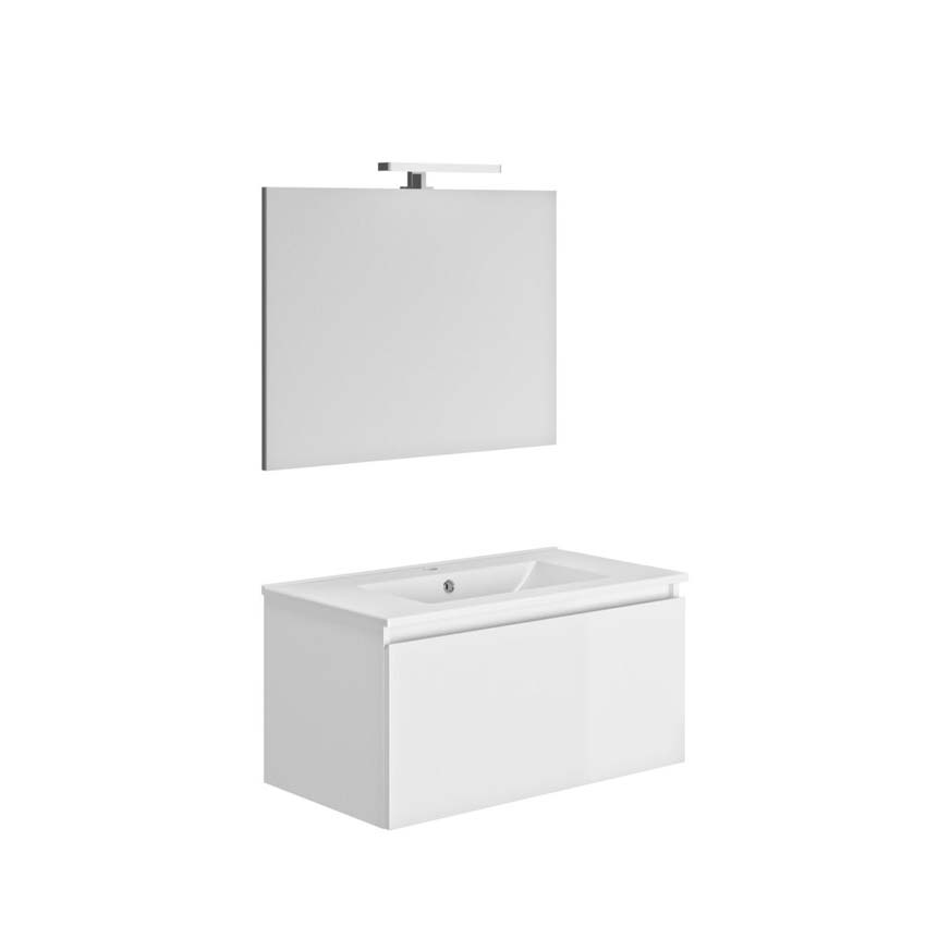 Meuble de salle de bains Atlas blanc suspendu avec lavabo simple blanc 80cm + miroir et éclairage