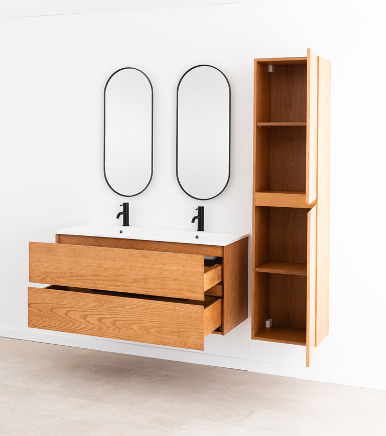 Badkamermeubel Fior eik hangend met dubbele wastafel mat wit 120cm