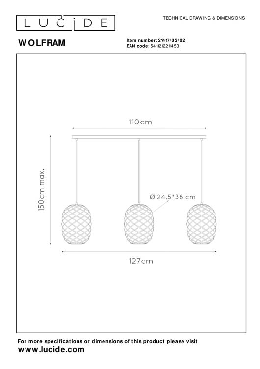 Lucide WOLFRAM - Suspension - 3xE27 - Or Mat / Laiton