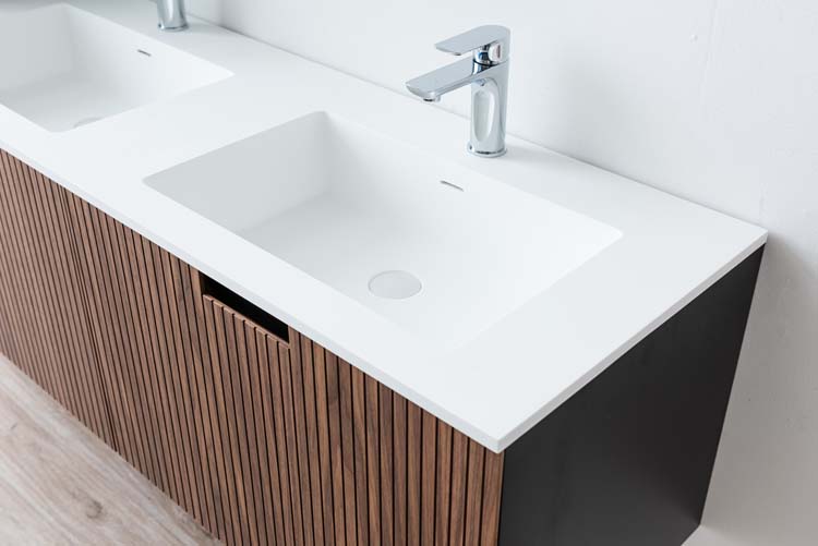 Meuble de salle de bains Willow noyer suspendu avec lavabo double blanc mat 140cm