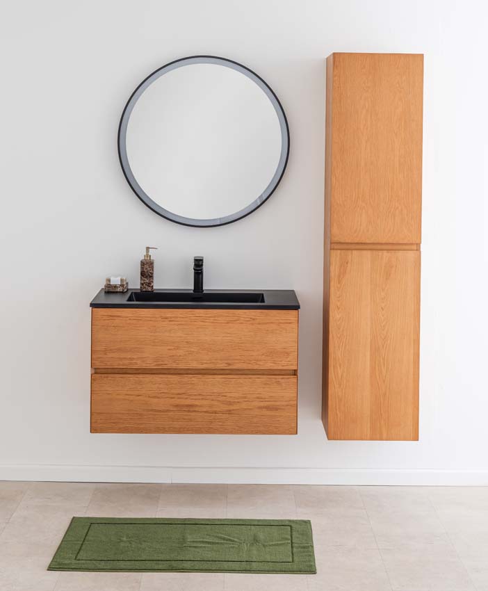 Badkamermeubel Fior eik hangend met enkele wastafel mat zwart 90cm