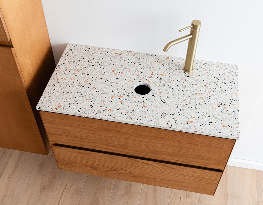 Topblad terrazzo Usher excl opbouwkom voor enkel badkamermeubel  90,5cm