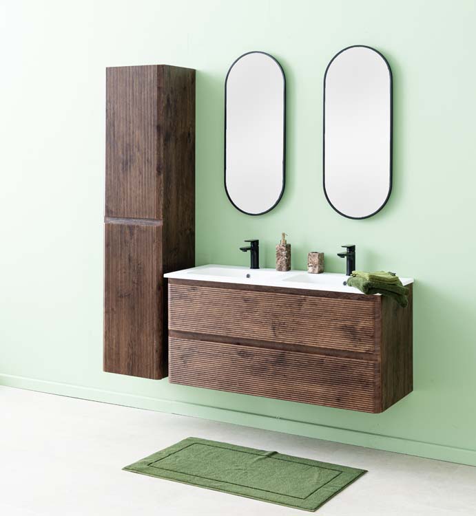 Meuble de salle de bains Jelte noyer suspendu avec lavabo double blanc brillant 120cm