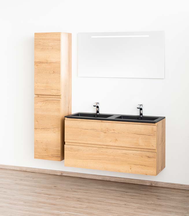 Meuble salle d bain Daria chêne brun doré 120cm lavabo noir mat double