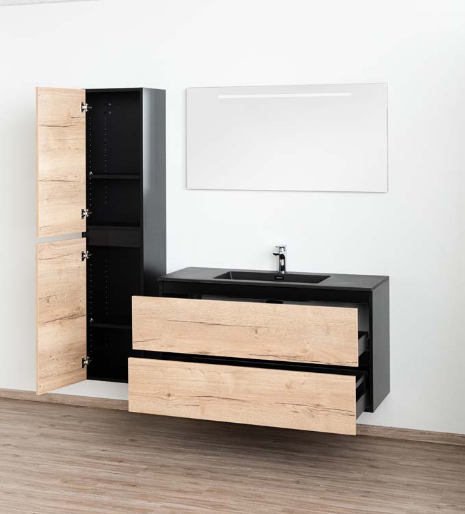 Badkamermeubel Dotan eik hangend met enkele wastafel mat zwart 120cm