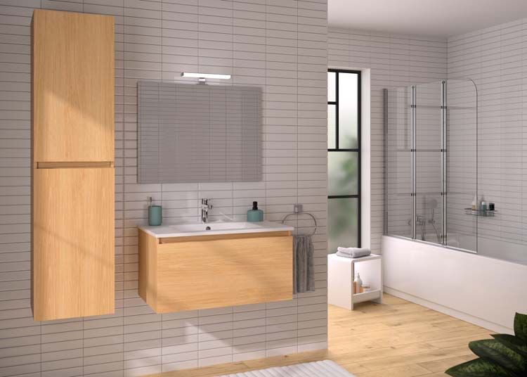 Meuble de salle de bains Atlas chêne suspendu avec lavabo simple blanc mat 80cm + miroir et éclairage