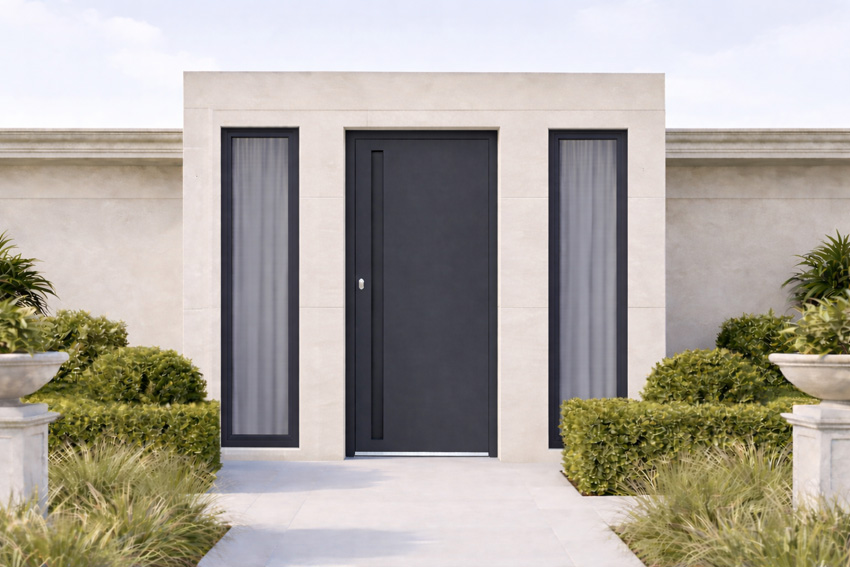 Porte extérieure Evora avec poignée intégrée aluminium anthracite poussant à droite sur mesure