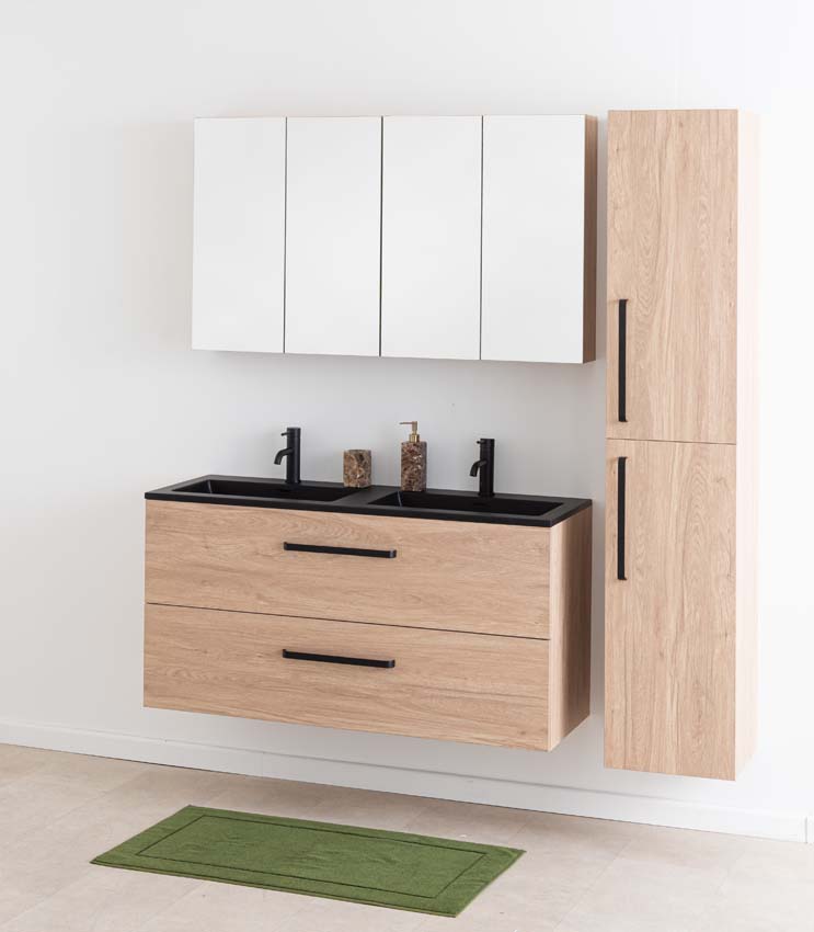 Meuble de salle de bains Bison chêne suspendu avec lavabo double noir 