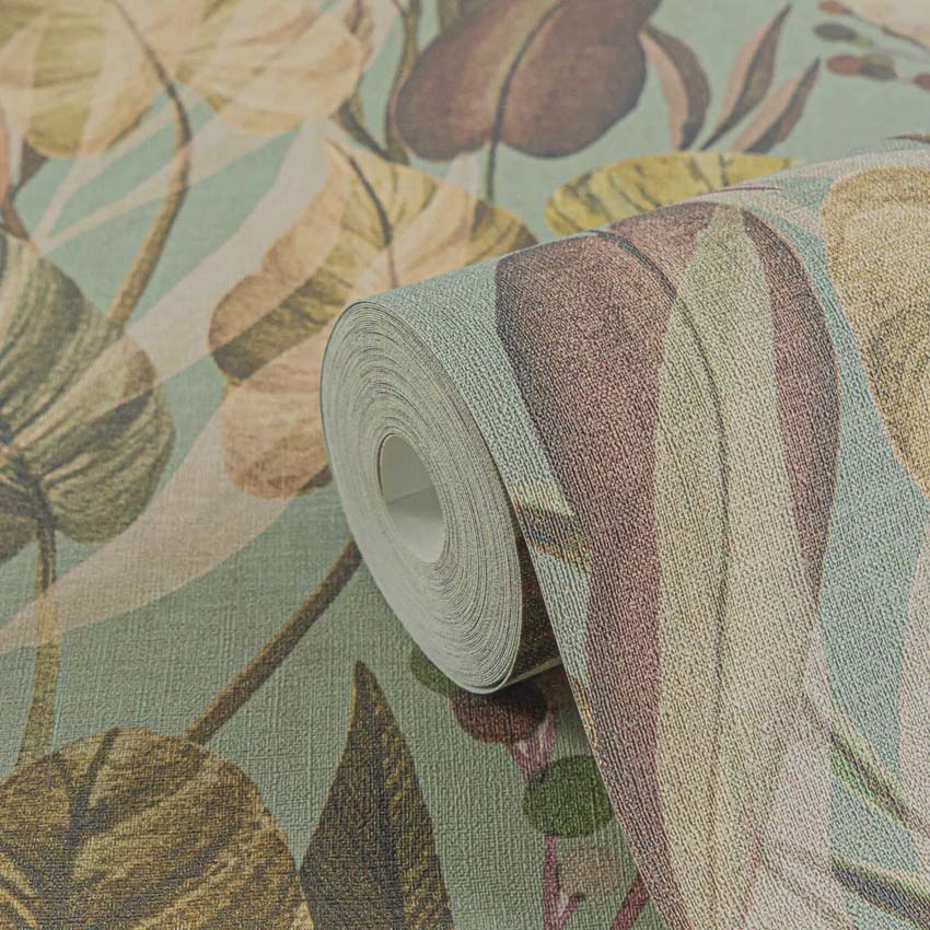 Vinyle sur papier peint intissé feuille vert/bleu/terre 0,53x10,05m