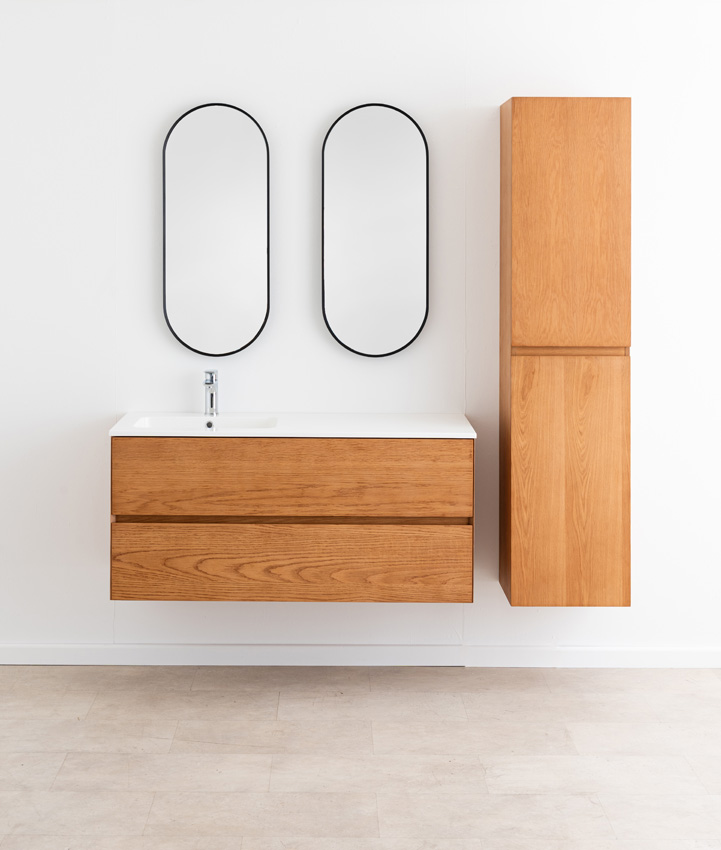 Badkamermeubel Fior eik hangend met enkele wastafel mat wit 120cm