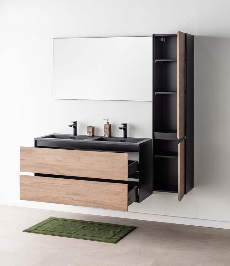 Meuble de salle de bains Molly chêne suspendu avec lavabo double noir mat 120cm