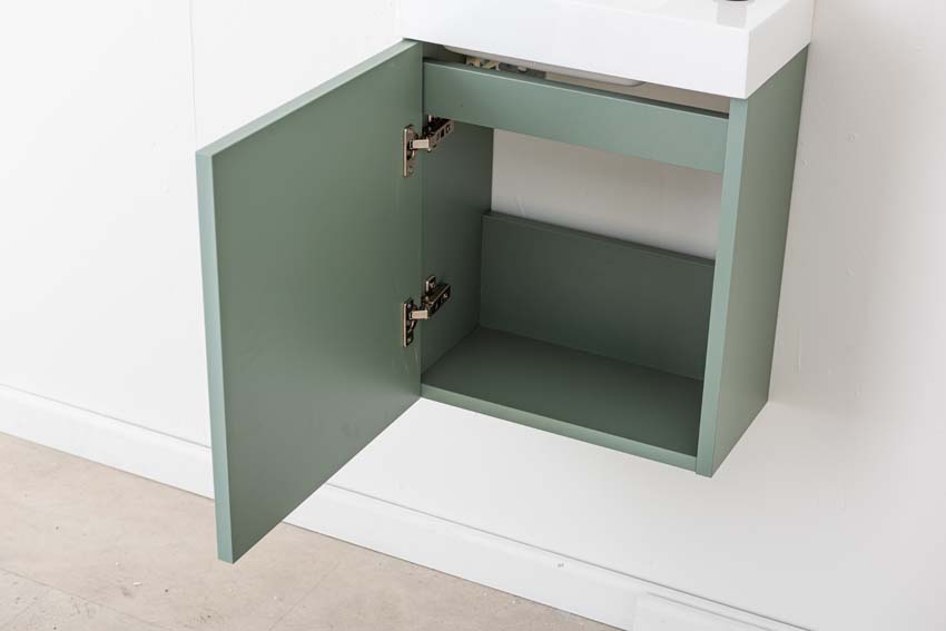 Meuble de toilette Dotan eucalyptus vert lavabo blanc brillant 45x40x2