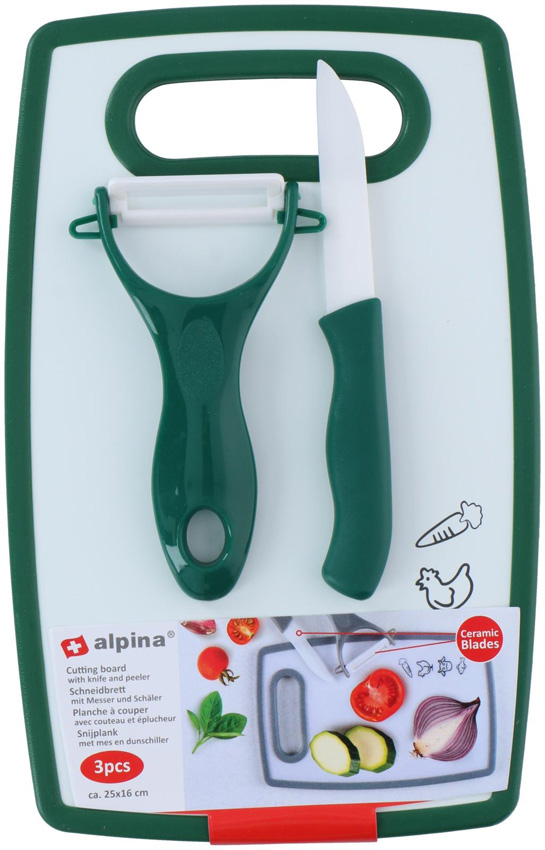 Planche à découper avec éplucheur et couteau plastique vert foncé 25x16cm